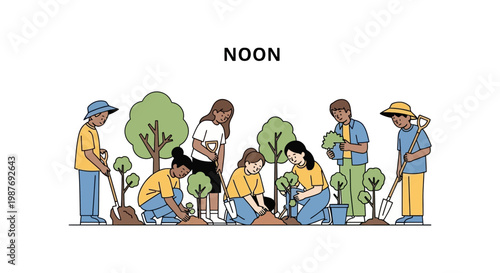 Diverse Group of People Planting Trees Together Vector Illustration
