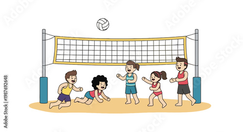 Happy Friends Playing Beach Volleyball Vector Illustration