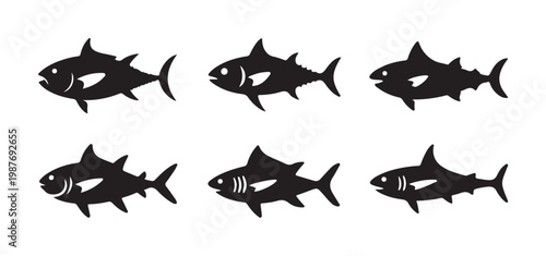 Set of tuna fish and shark vector silhouettes design element isolated on white background.