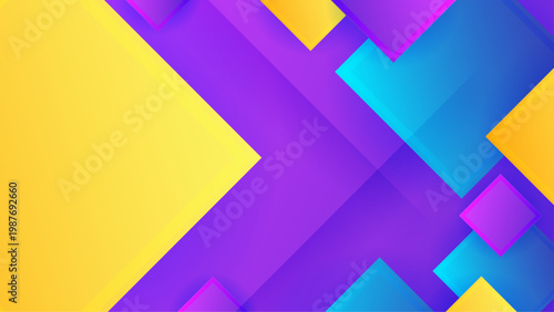 Abstract vector background featuring layered purple and yellow squares with modern shadow depth and vibrant gradients