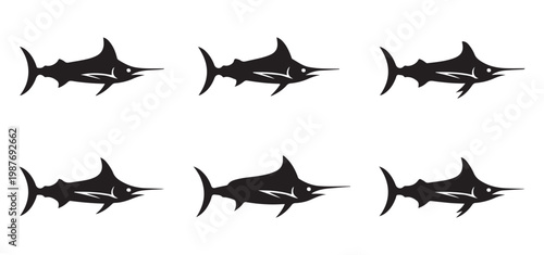Set of six black marlin fish icons isolated on white background vector.