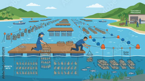 Oyster farming operation with workers on a floating platform harvesting oysters