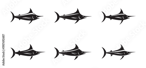 Group of six black marlin fish vector illustrations on white background.