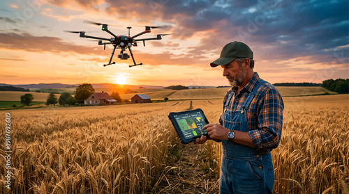 Farmer utilizes advanced drone technology and a tablet for precision agriculture surveying golden wheat fields at sunset embodying agricultural innovation and future farming practices for enhanced cro