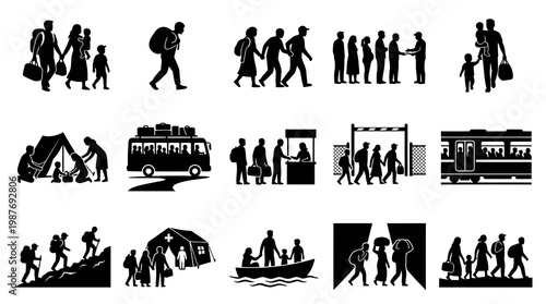 Migration crisis icons: refugees, travel, humanitarian aid, journey, shelter