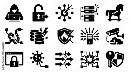 Cybersecurity Icons: Hacker, Lock, Virus, Trojan Horse, Shield, Server, CCTV, Key