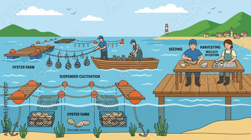 Oyster farming and cultivation process with seeding and harvesting stages