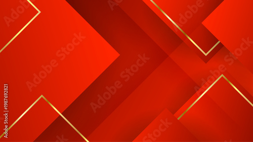 Premium red abstract background featuring elegant gold lines and geometric square layers for professional corporate identity