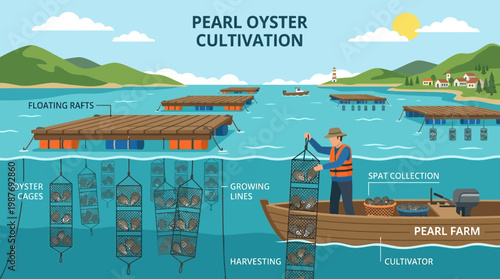 Pearl oyster cultivation process with floating rafts and cages