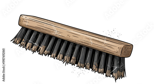 Vintage wooden brush with dark bristles, hand-drawn style illustration