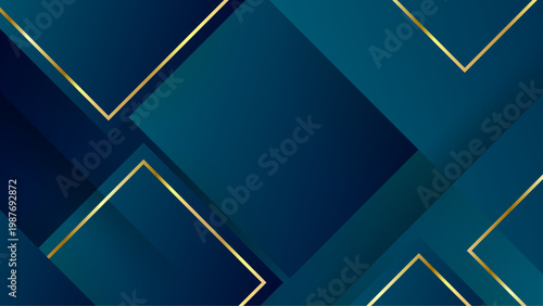 Sophisticated dark navy background with elegant gold outlines and layered geometric square patterns for premium branding