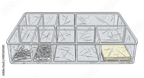 Clear plastic organizer tray with divided compartments, containing small items.