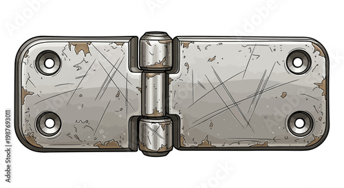 Close-up of a weathered metal hinge, showing scratches and wear, on a white background