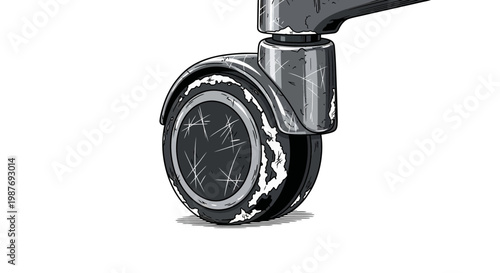 Close-up of a scratched office chair caster wheel on a white background