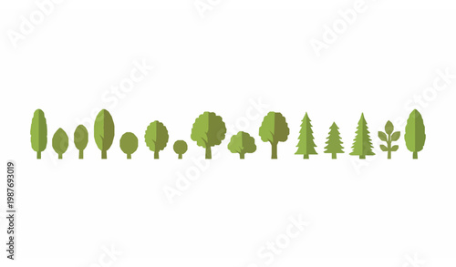 Flat tree icons horizontal set simple nature collection for eco environment and green lifestyle design