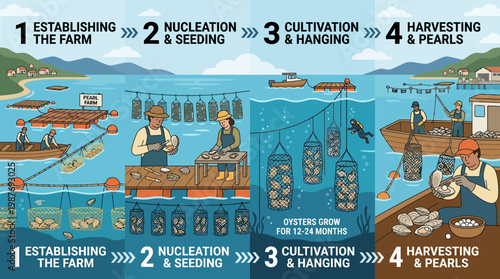 Pearl farming process steps illustrated, from establishing farm to harvesting pearls