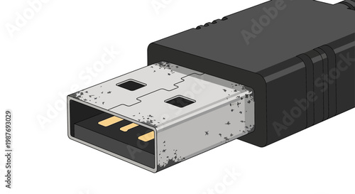 Close-up of a worn USB cable connector with gold contacts