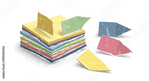 Colorful paper stack with torn pieces on white background