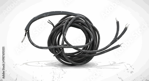 Coiled electrical wire with frayed ends on a white background.