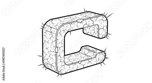Cracked 3D Letter C with Spikes, Grunge Style