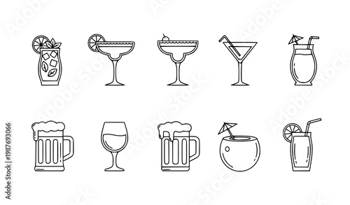 Summer cocktail line icons set thin outline drink symbols for bar menu cafe and tropical holiday design