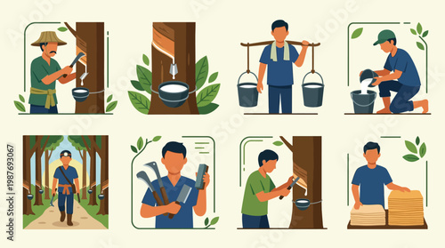Rubber tapping process illustration with workers collecting latex from trees