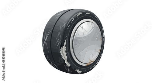 Damaged car tire with cracked tread and rusty rim, isolated on white background.