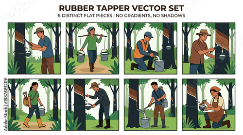 Rubber tapper workers collecting latex in forest with various tools and equipment