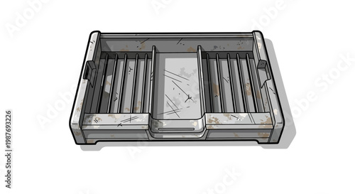 Grungy metal tray with dividers, isolated on white background