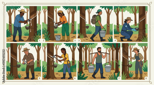 Rubber tapping process steps illustrated with diverse workers in forest
