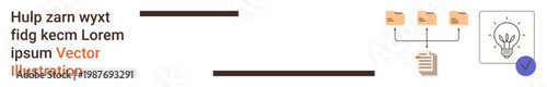 Data organization, innovation process, file management, workflow, digital solutions, creativity. Diagram with folders connecting to a document and a lightbulb. Data organization and innovation