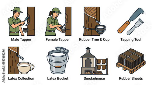 Rubber tapping process with people collecting latex from trees