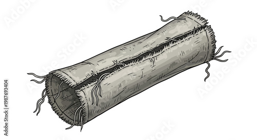 Rolled burlap sack with loose threads, isolated on white.