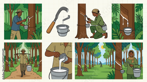 Rubber plantation workers collecting latex from trees in a forest