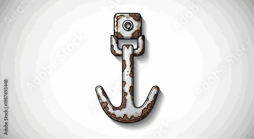 Rusty industrial hook with weathered texture, isolated on white background.