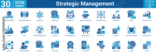 Strategic Management editable icon set vector illustration concept for business with icon of Business Strategy, Business Management, Leadership, Collaboration, Negotiation, Business Partnership.