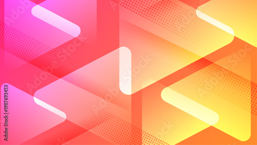 Modern peach and coral abstract background featuring overlapping rounded triangles with halftone textures and warm sunset gradient effects