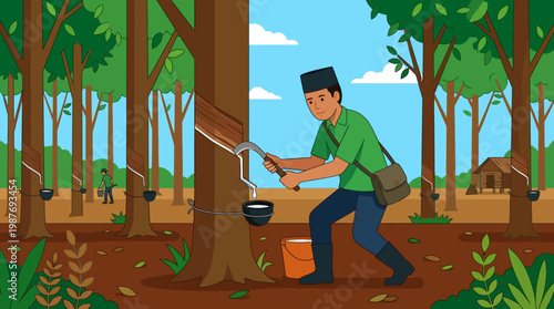 Man in green shirt collecting rubber from tree in forest