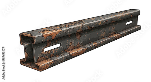 Rusty metal DIN rail with slots, industrial background