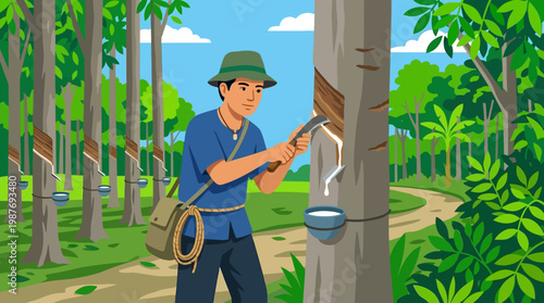 Man in a forest collecting rubber from a tree with a knife