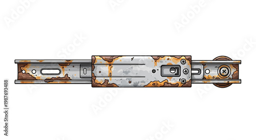 Rusty metal drawer slide mechanism with roller wheel, isolated on white background.