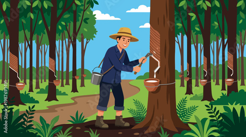 Man in a forest collecting rubber from trees with a knife and bucket