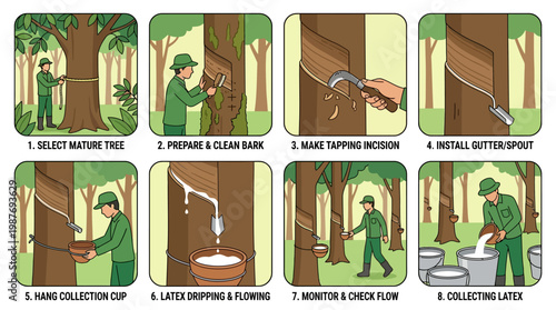 Rubber tapping process steps from tree selection to latex collection