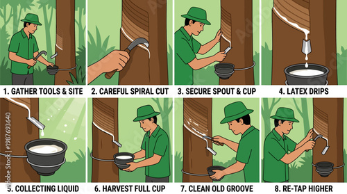 A man in green collecting natural rubber latex from a tree in the forest using special tools and techniques daily.