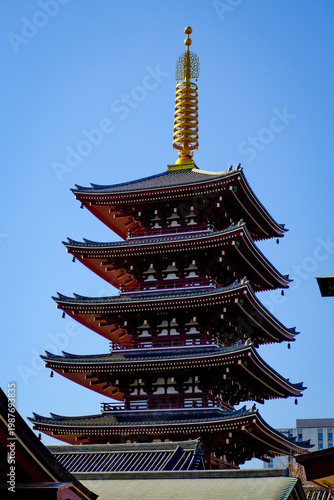 TOKYO, JAPAN - APRIL 16, 2026: The majestic five-story pagoda of Senso-ji Temple in Asakusa under a clear blue sky.