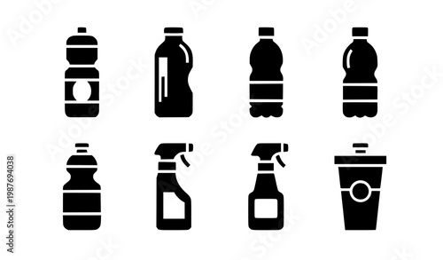 Black glyph bottle icon set with plastic water containers beverage bottles and packaging symbols vector