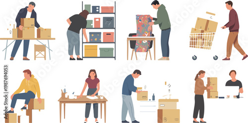 Vector illustrations of diverse workers managing logistics, packaging, and shipping tasks for small business and e commerce fulfillment operations