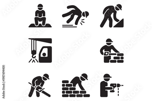 Construction worker icons depicting various building and labor tasks