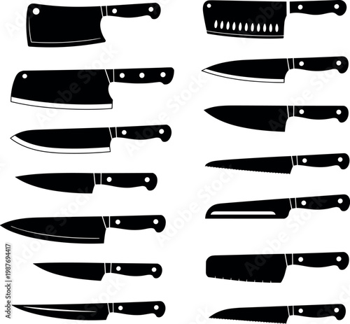 Assorted kitchen knives displayed in a row with various blade shapes and sizes