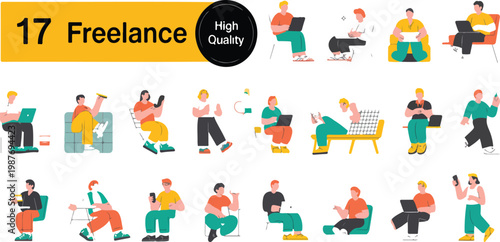 Diverse freelancers using laptops in flat line cartoon illustration bundle with multicultural remote workers isolated on white background